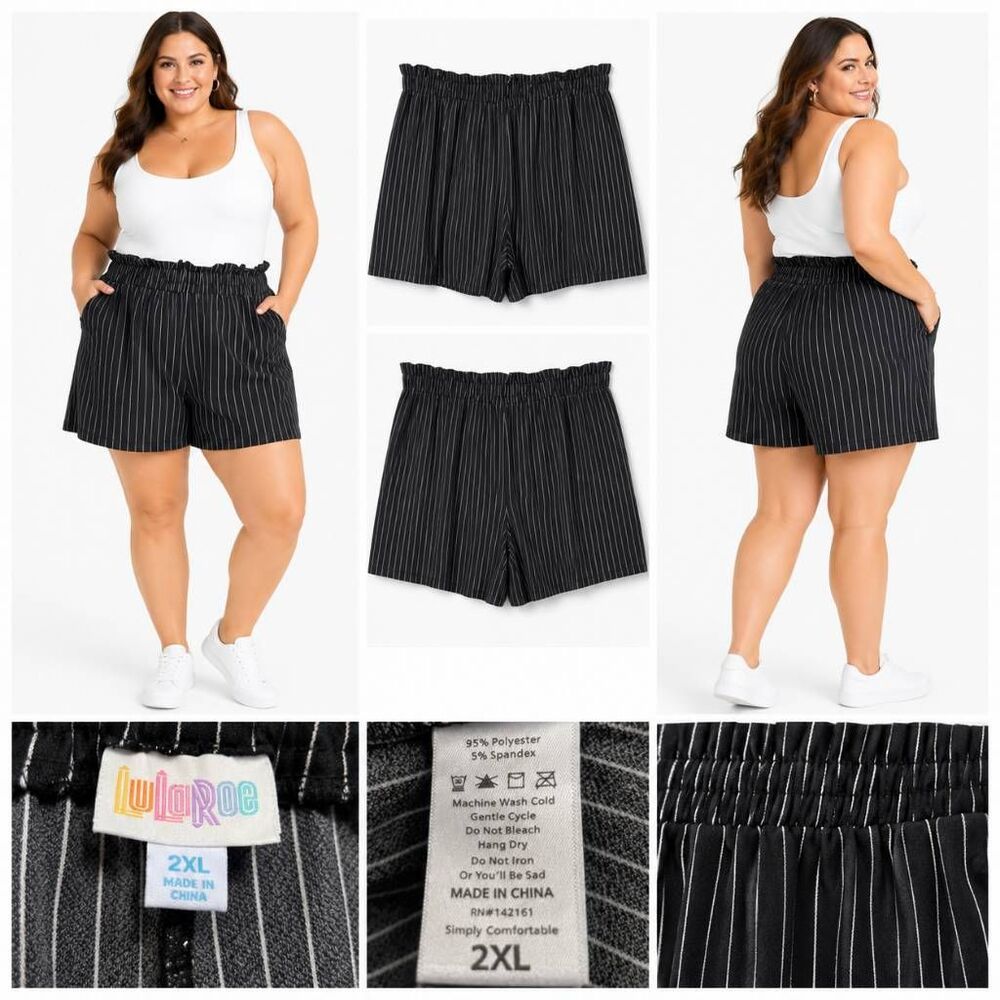 LuLaRoe 2XL Black Pinstripe Paperbag Shorts Pockets